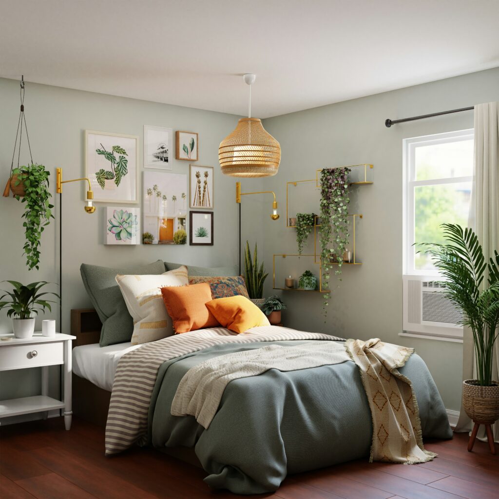 Beautiful bedroom with plants and prints on the wall