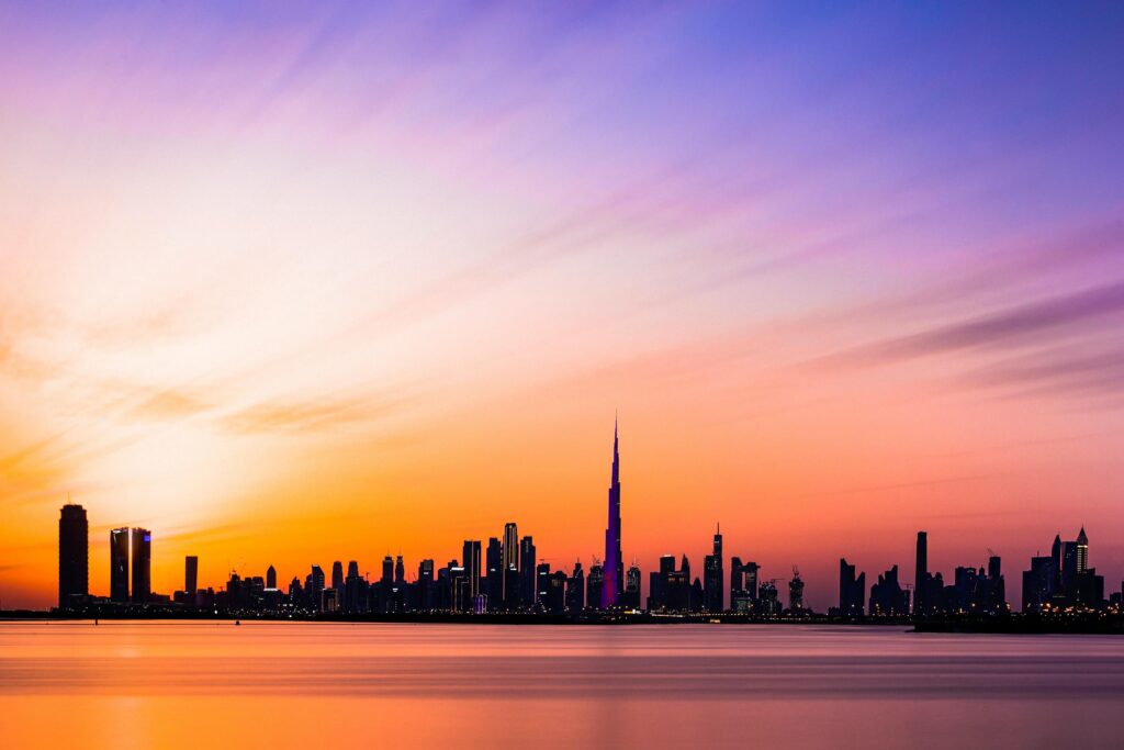 Skyline of Dubai at sunset