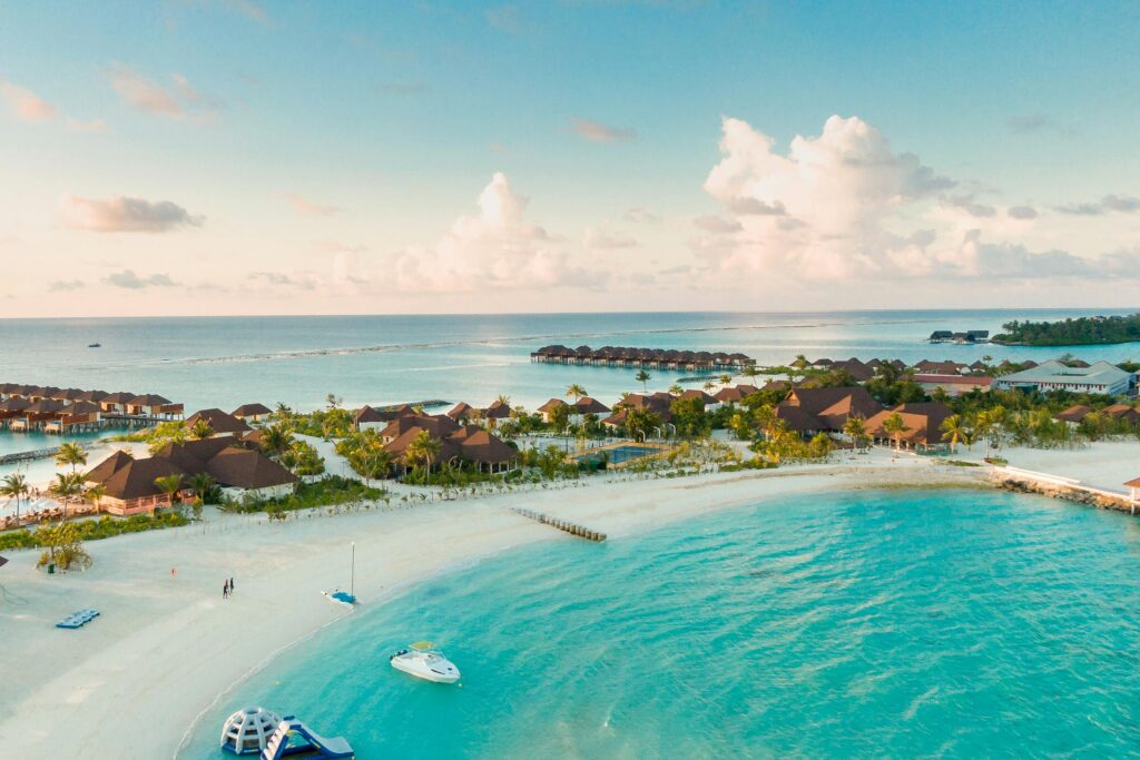 Aerial view of a beautiful Maldives resort on the water