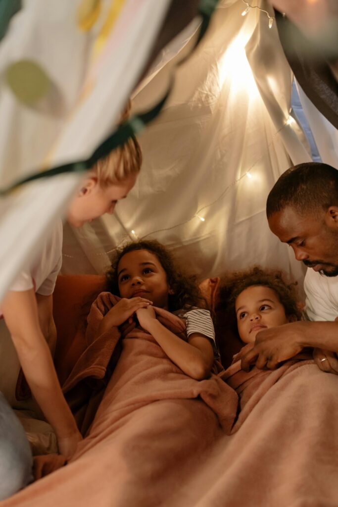 Beautiful family inside a tent