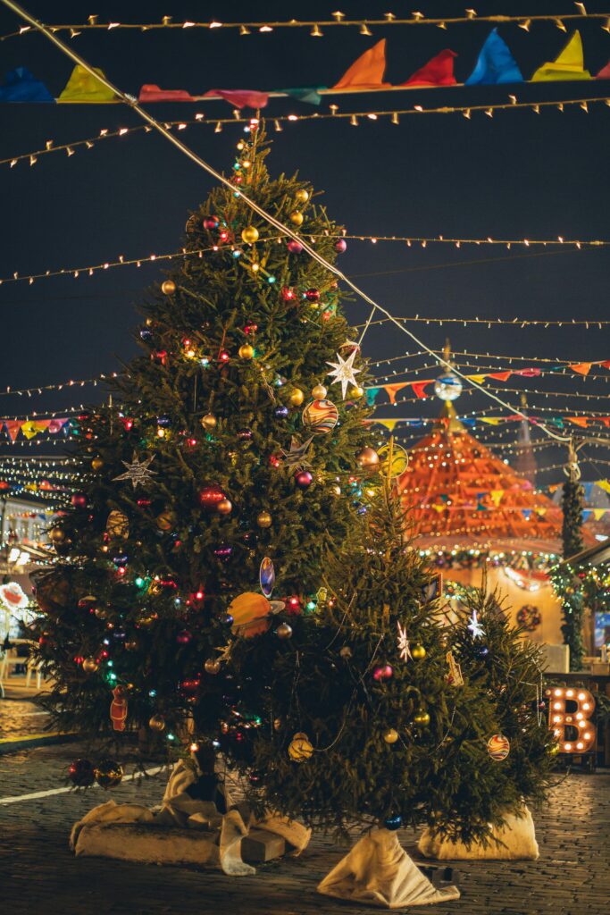 Photo of Christmas tree with lights and decorations
