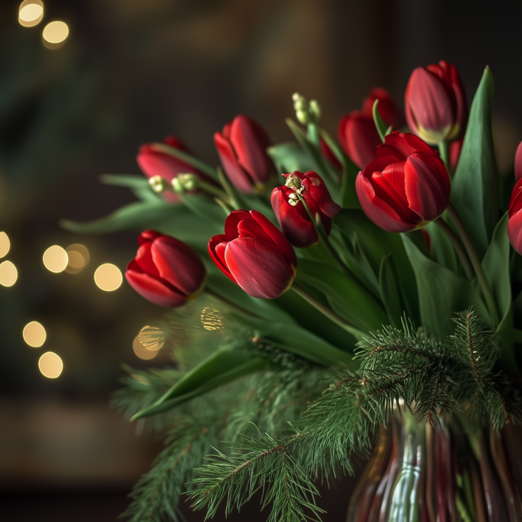 Red tulips with green foliage