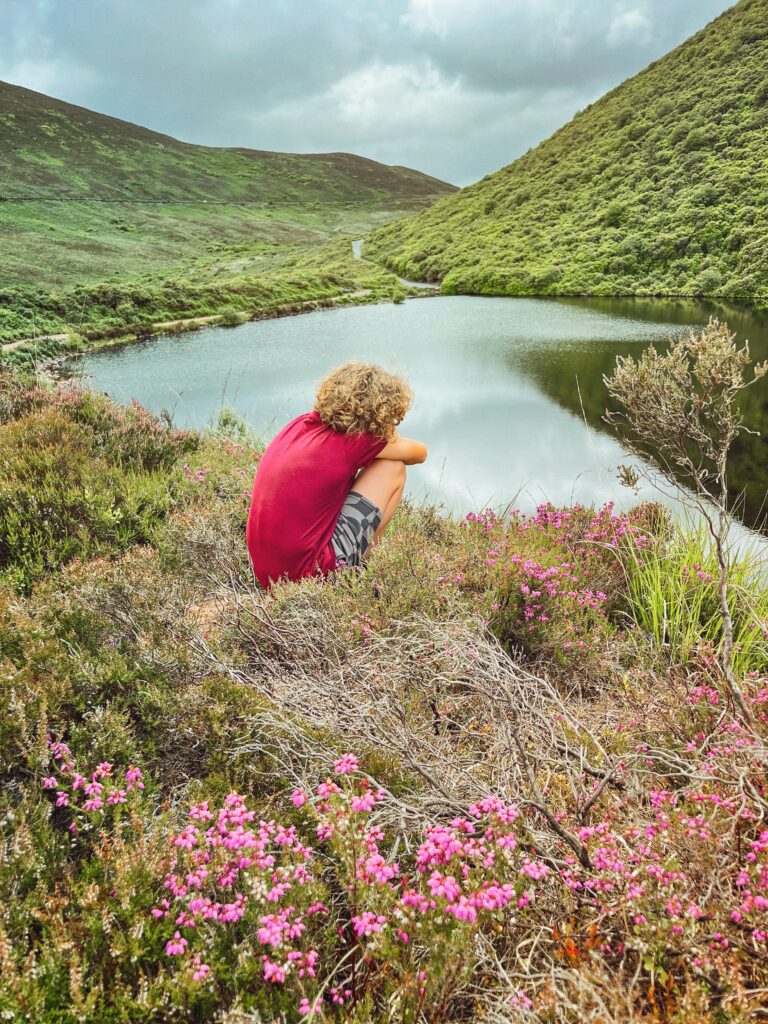 Boy sitting in the heather overlooking The Vee