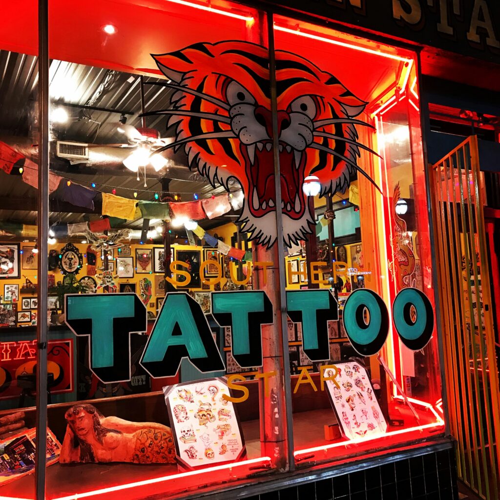 Tattoo shop at night in Atlanta, USA
