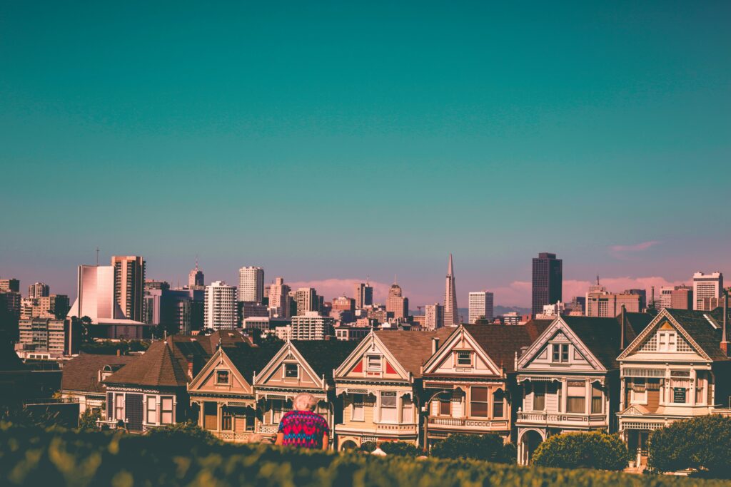 Person sitting looking at the Painted Ladies houses in San Francisco