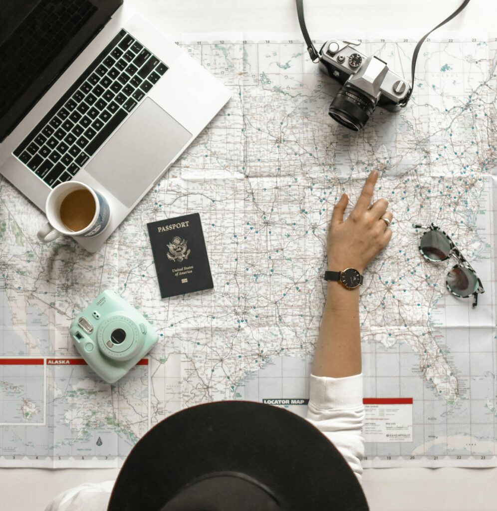 Person pointing at a location on a map