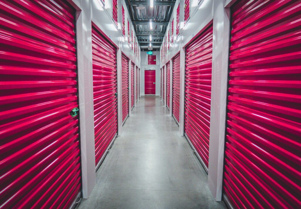 Climate-controlled storage unit with pink doors
