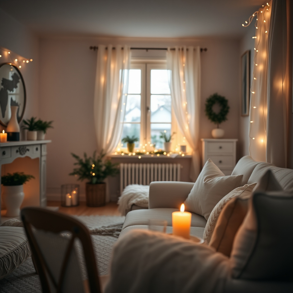 Cosy living room with string lights