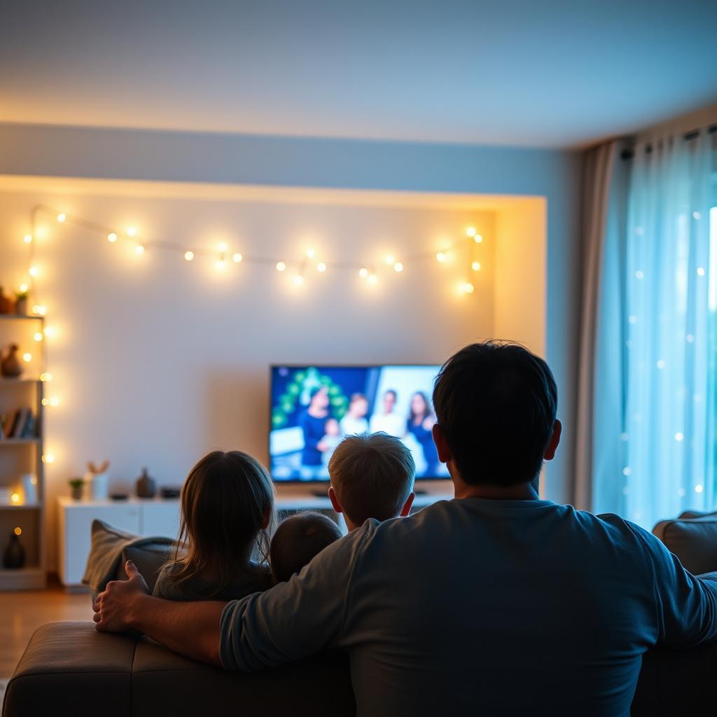 Behind view of a family watching TV