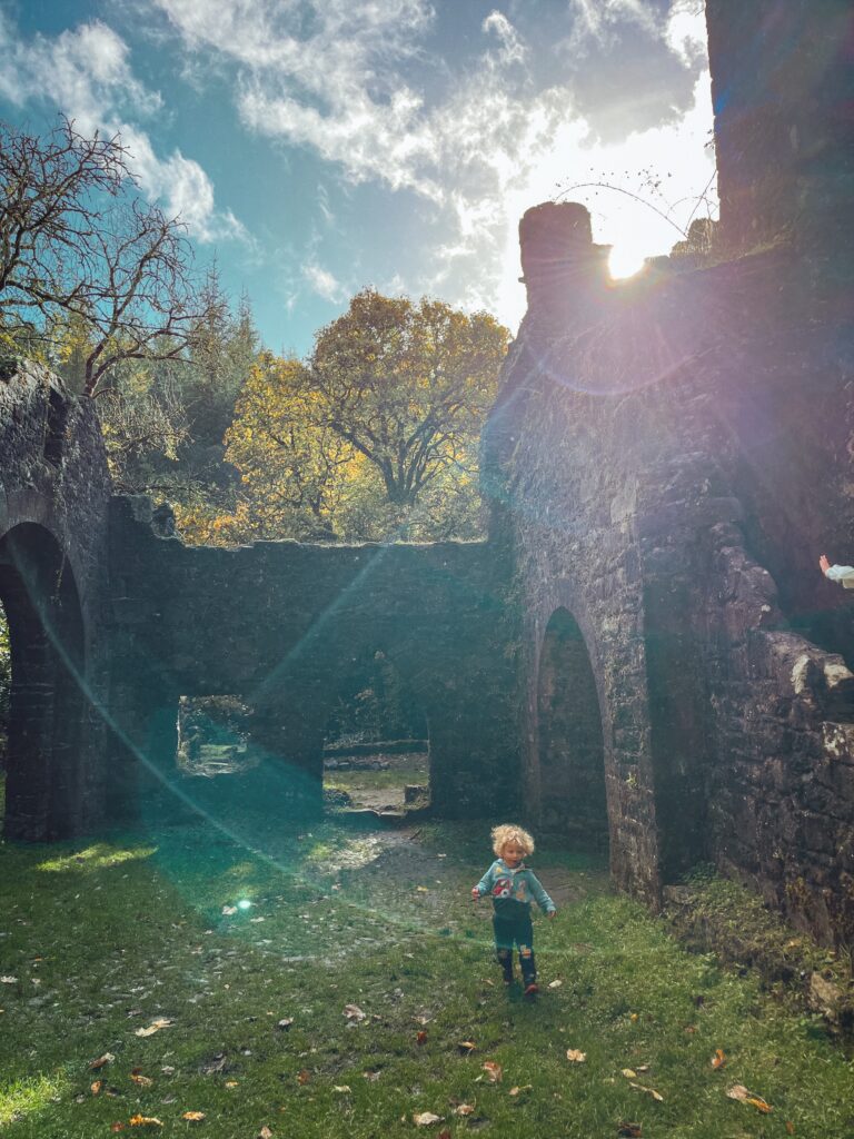 Toddler standing in sunlight rays at Carey's Castle, Ireland