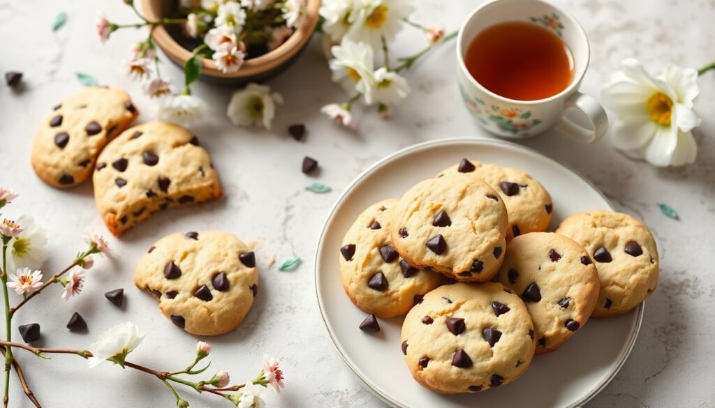 Vegan biscuits on a table with a cup of tea