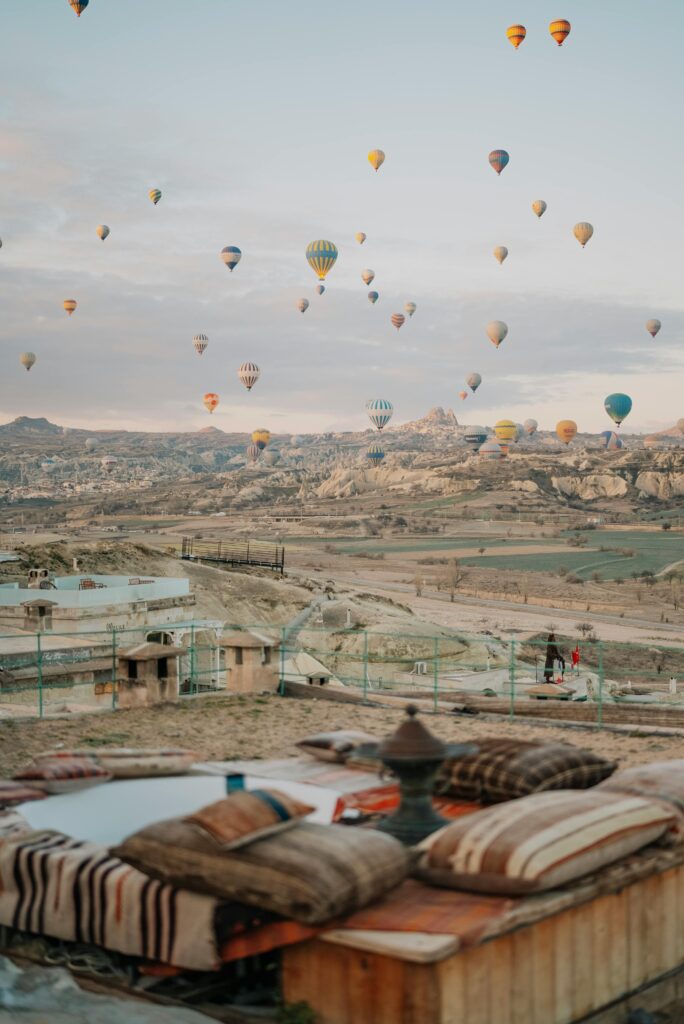 Hot air balloons flying over the sky in Turkey