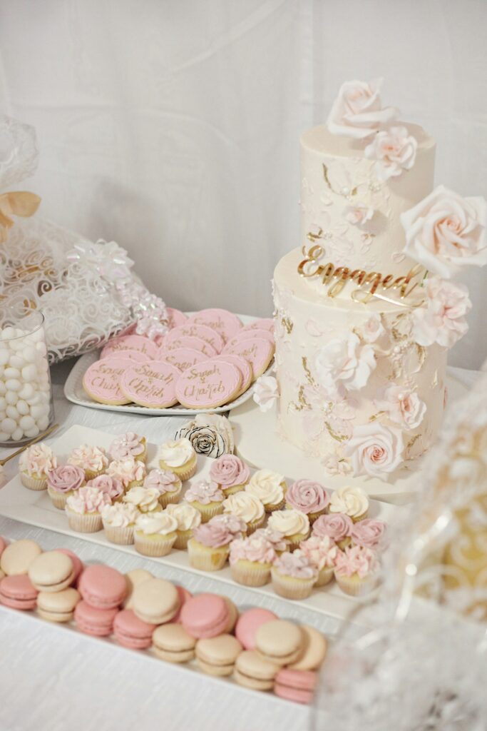 Engagement cake and pastries on display