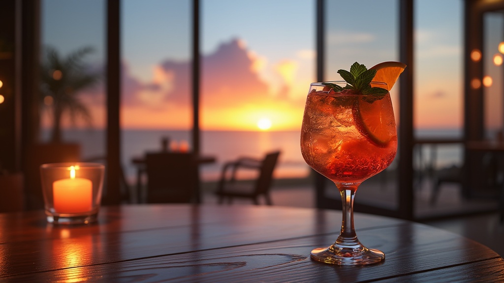 Cocktail at a window with sunset in the background