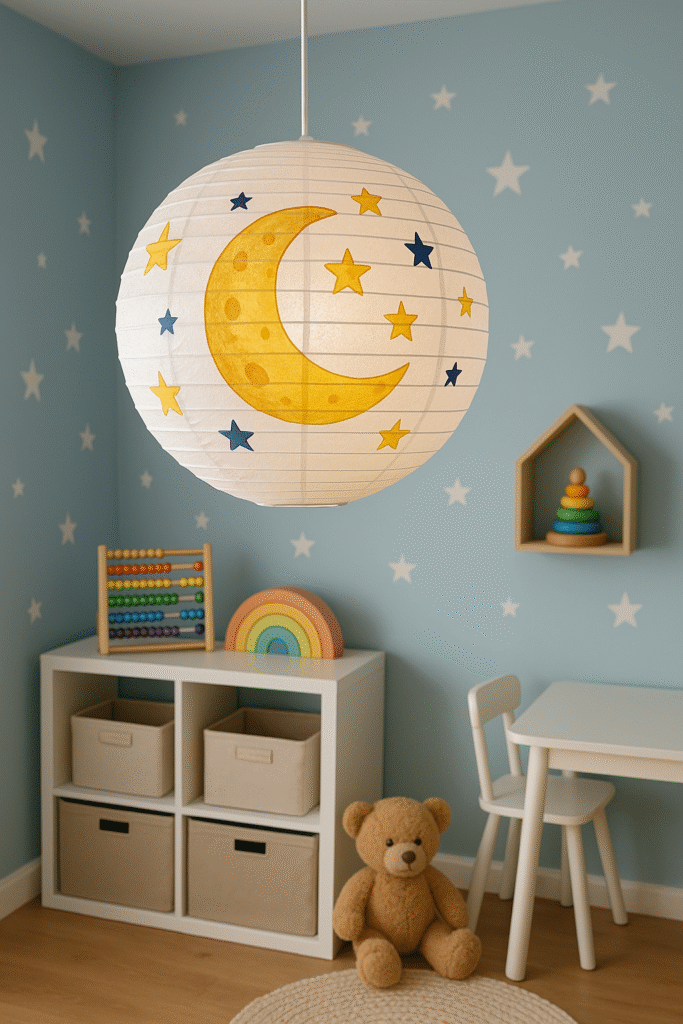 Playroom with a moon and stars themed paper lampshade