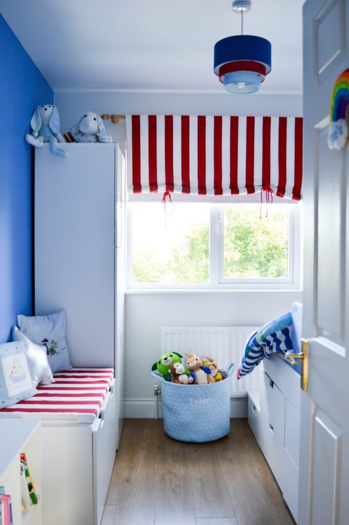Blue, red and white child's bedroom decor