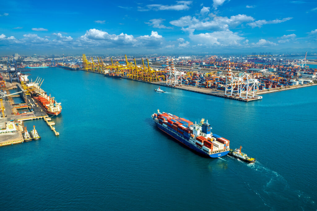 Aerial view of a cargo ship in a harbour