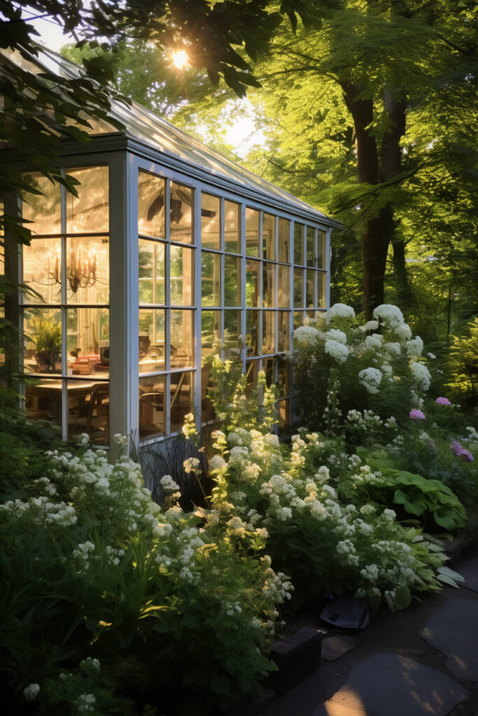 Beautiful garden room with glass windows surrounded by flowers