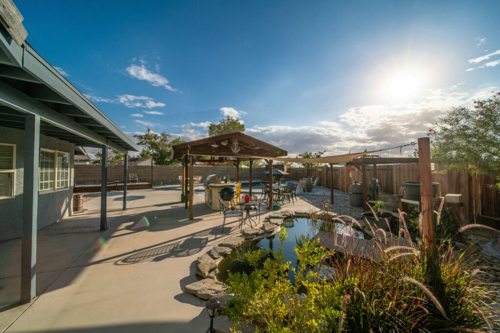 Backyard with pond and seating area