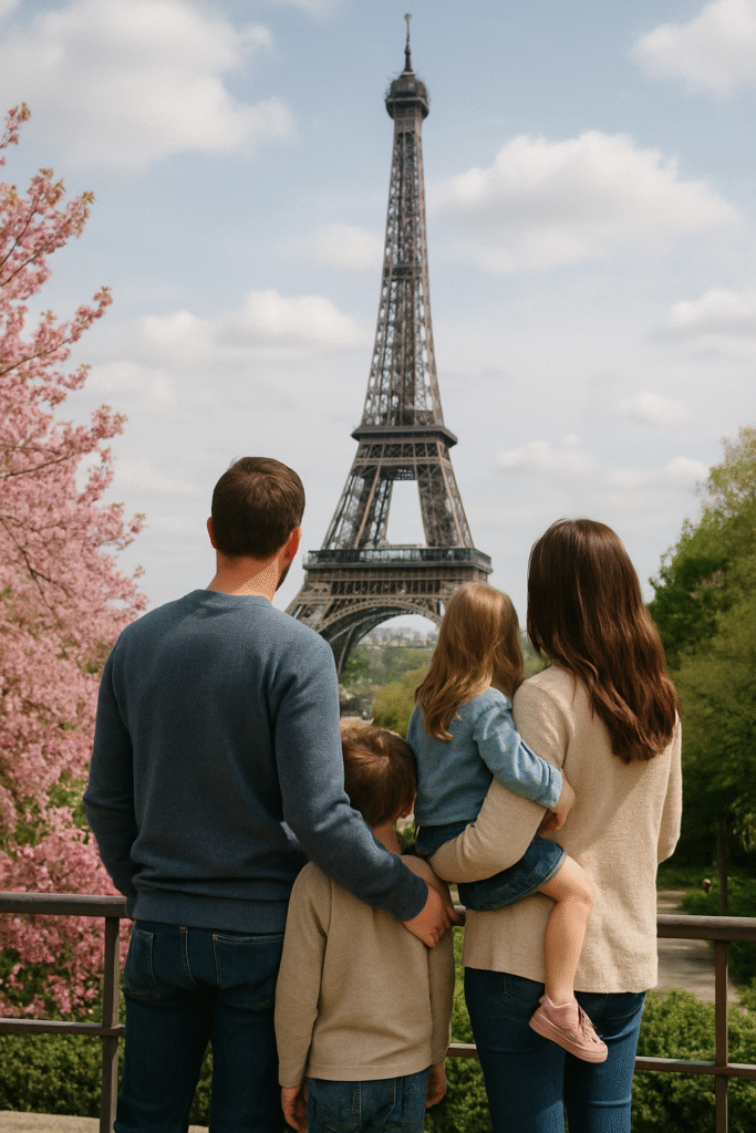 Family with 2 children looking at the Eiffel Tower