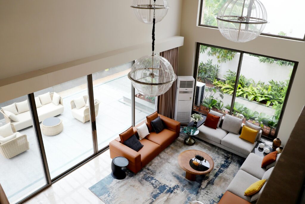 Aerial view of large, modern living room