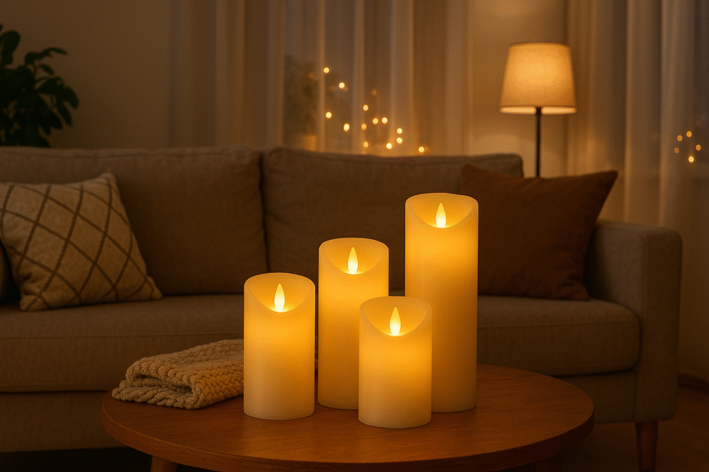 LED candles on a sitting room tables