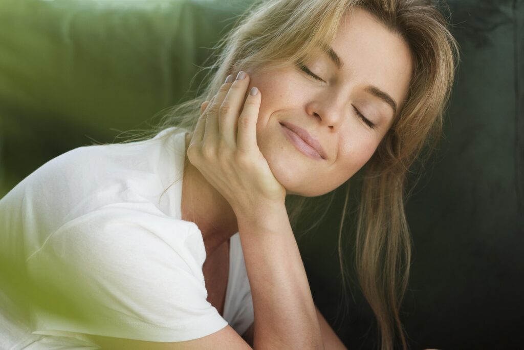 Daydreaming woman with great skin