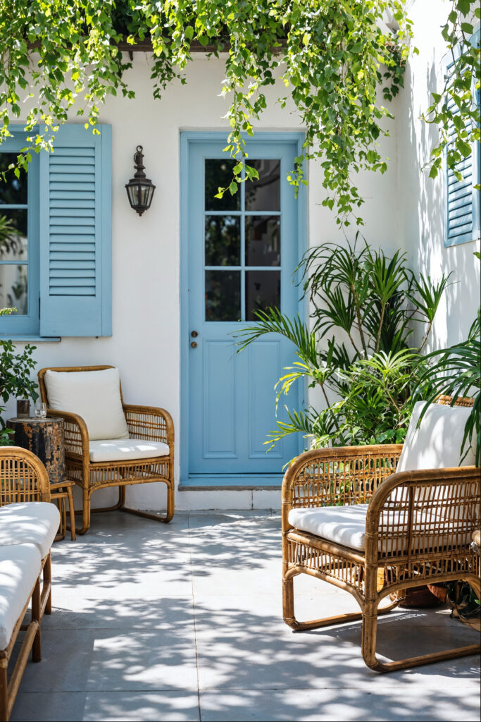 Outdoor living space with chairs and a blue door