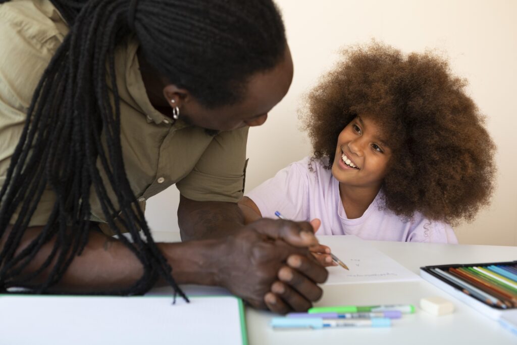 School counsellor talking to child