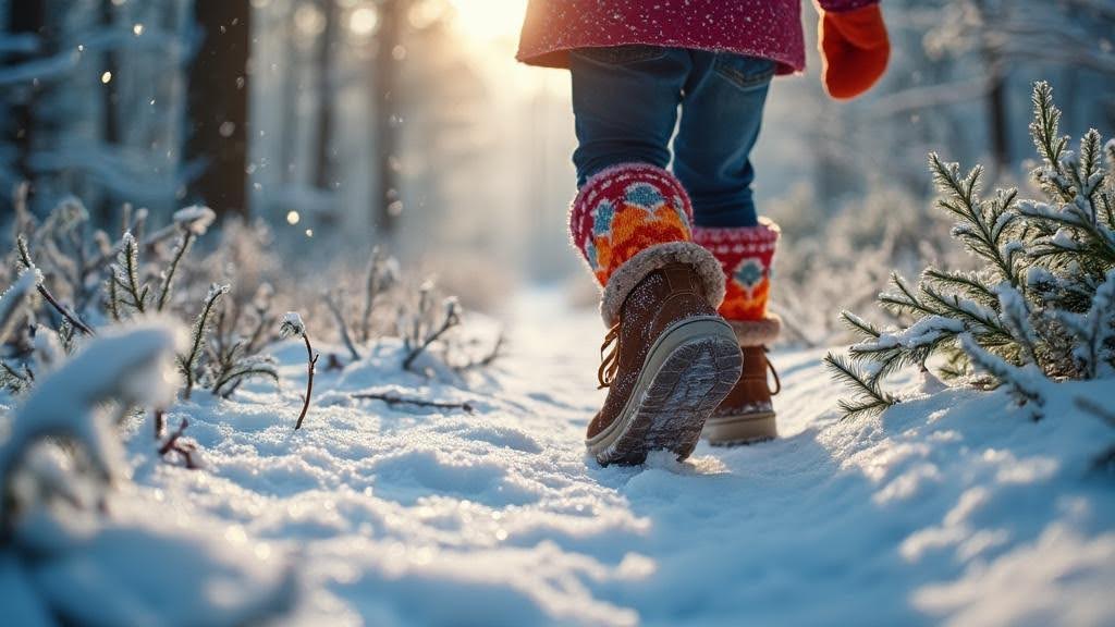 Child exploring snowy woodland.