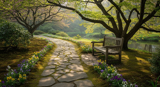 Stone path with bench under trees.