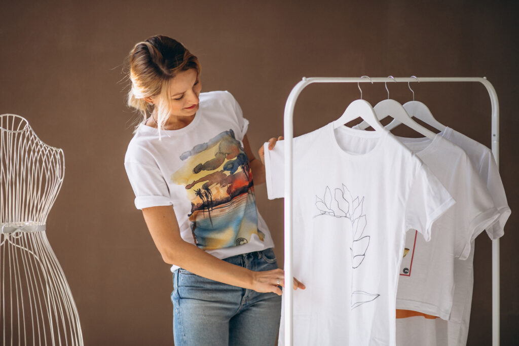 Woman looking at printed white t-shirts