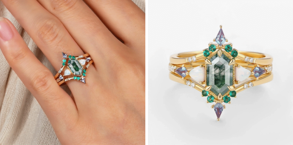 14K Gold Hexagon Cut Moss Agate Engagement Ring