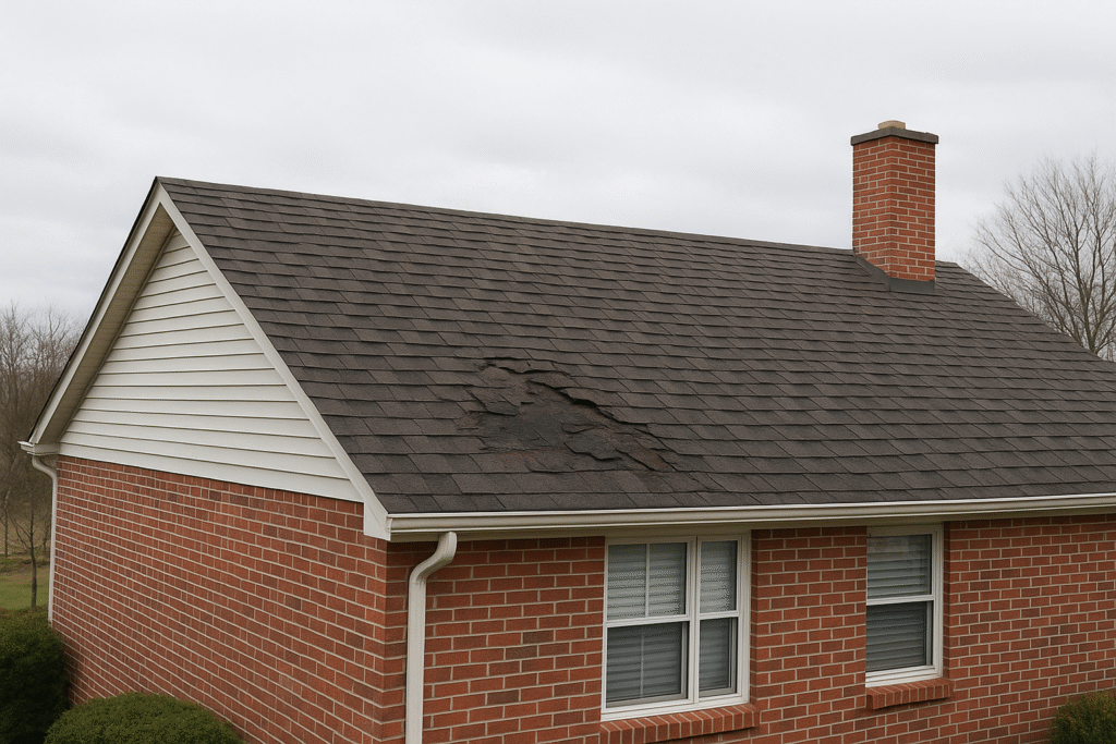 Red brick house with damaged roof