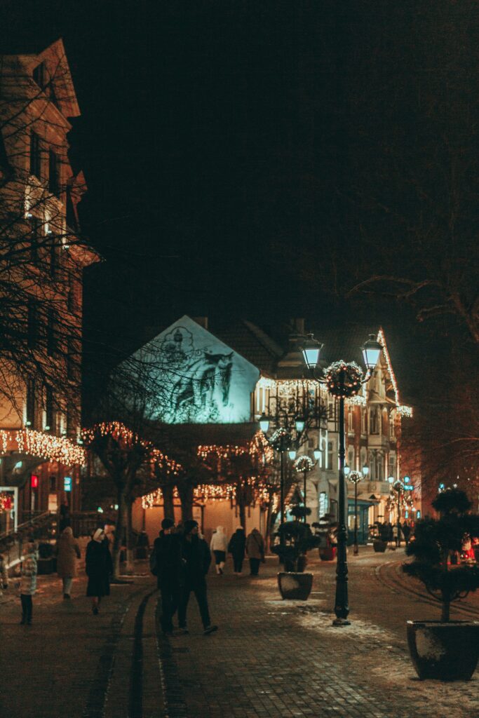 Christmas lights in a town