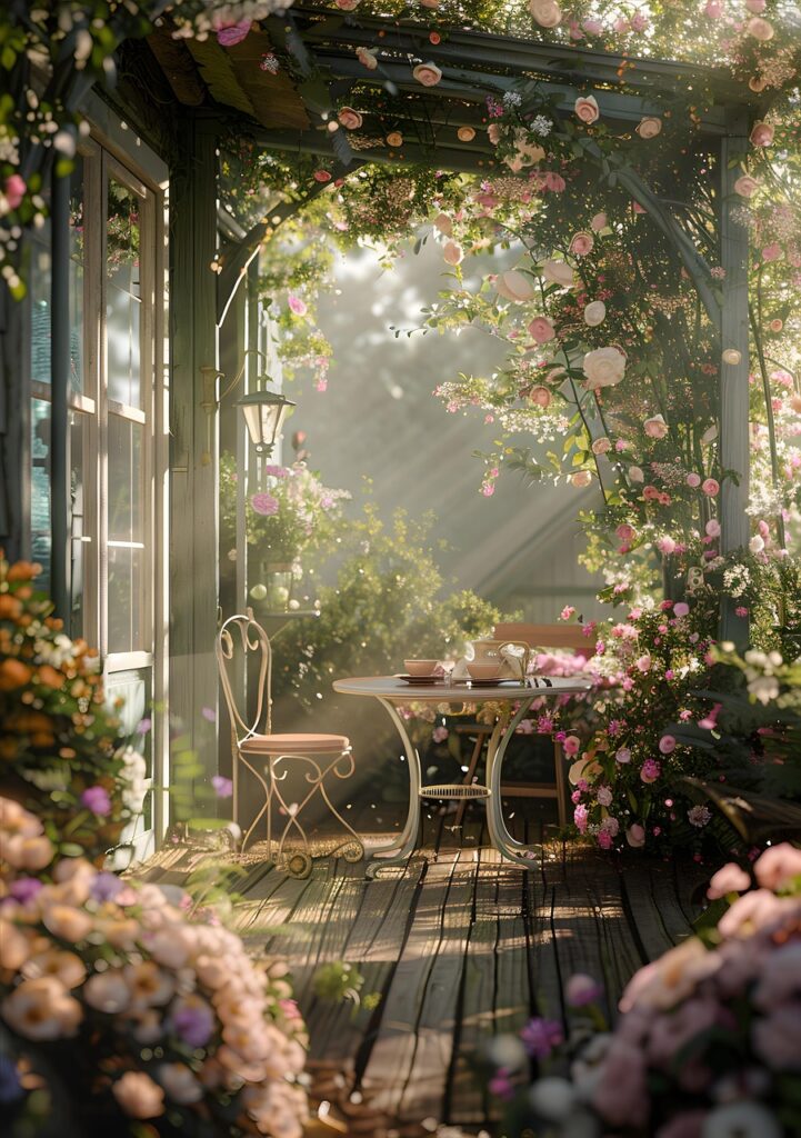 Garden area with seats and climbing roses