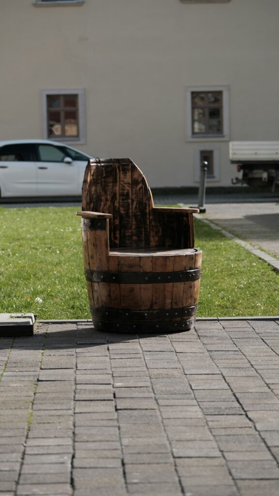 Chair made out of a whiskey barrel