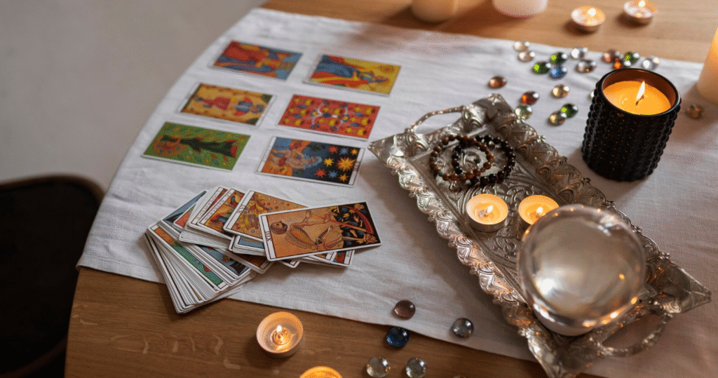 Tarot cards and candles on a table