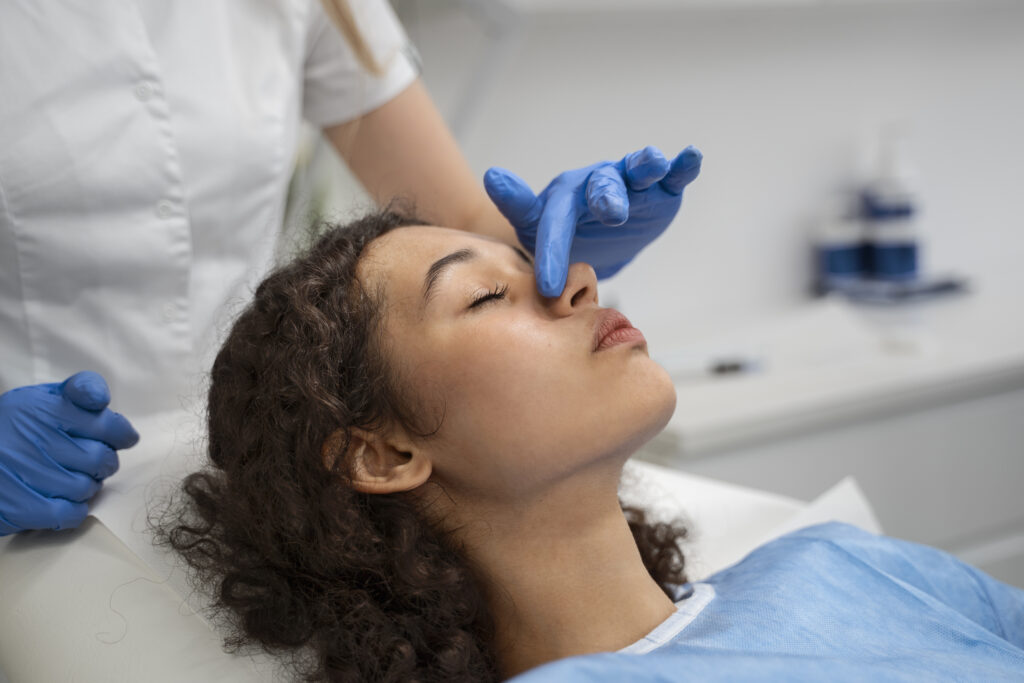 Woman getting her nose assessed