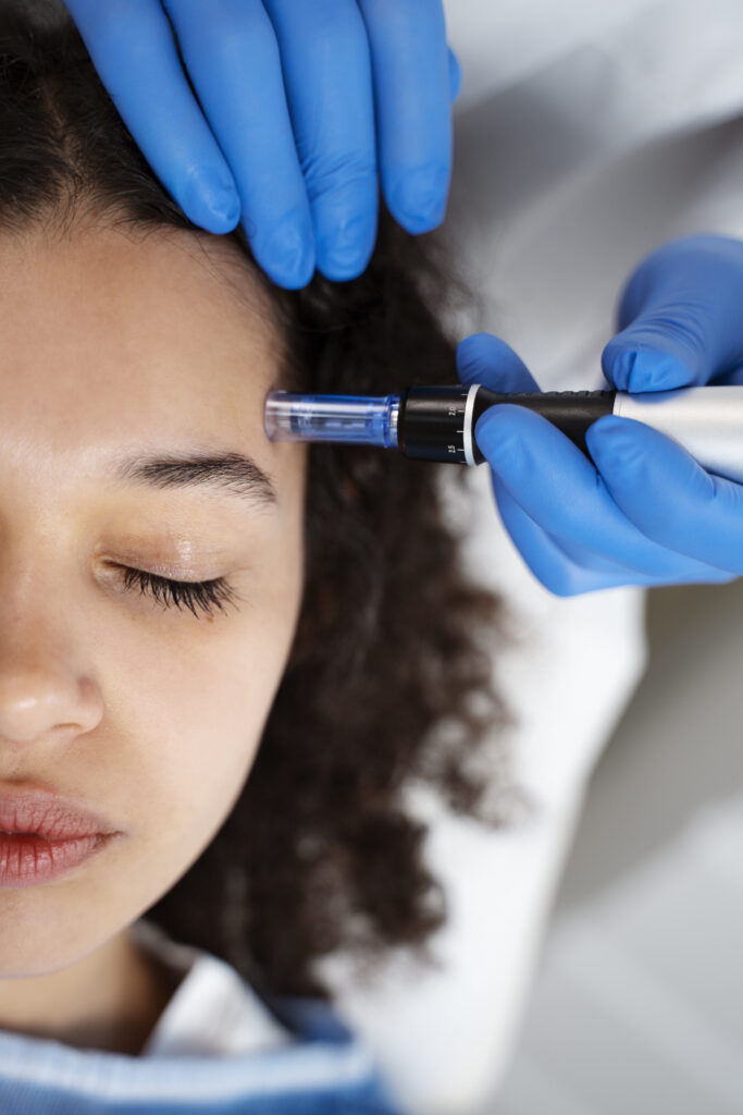 Woman with dark curly hair getting microneedling treatment