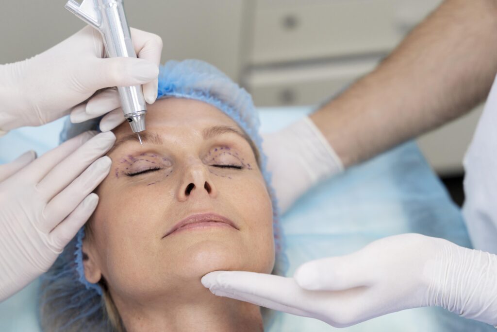 Woman gowned up for eyelid surgery