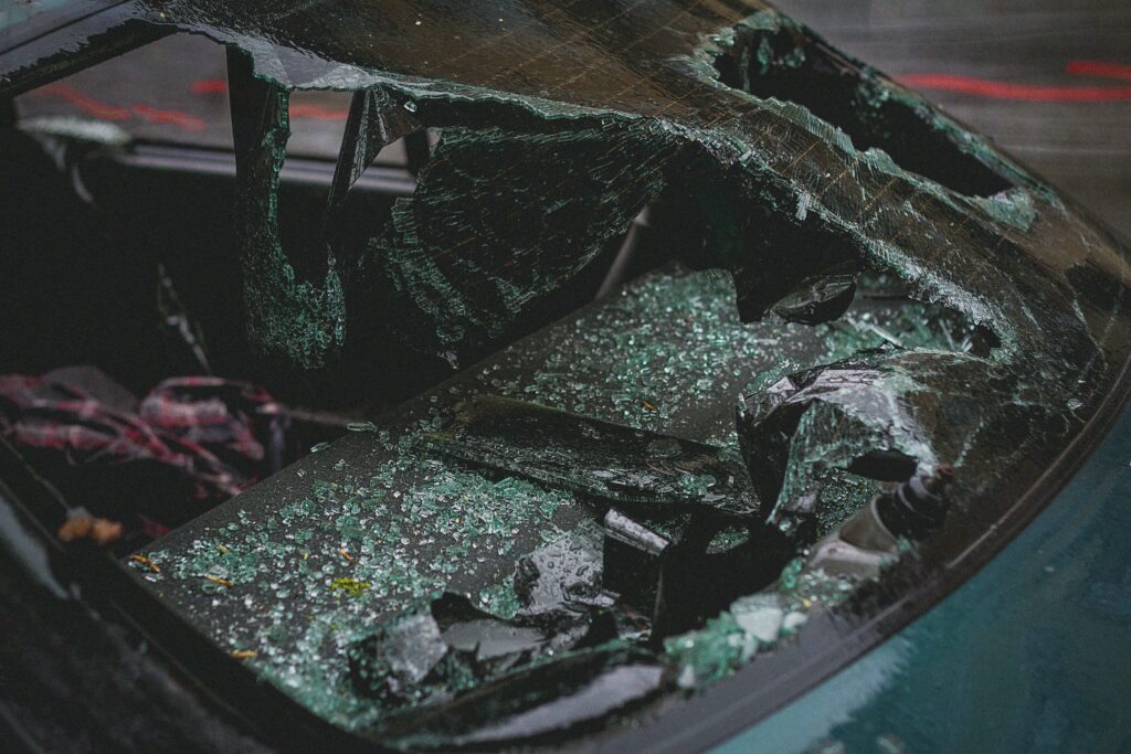 Smashed windscreen on car after crash