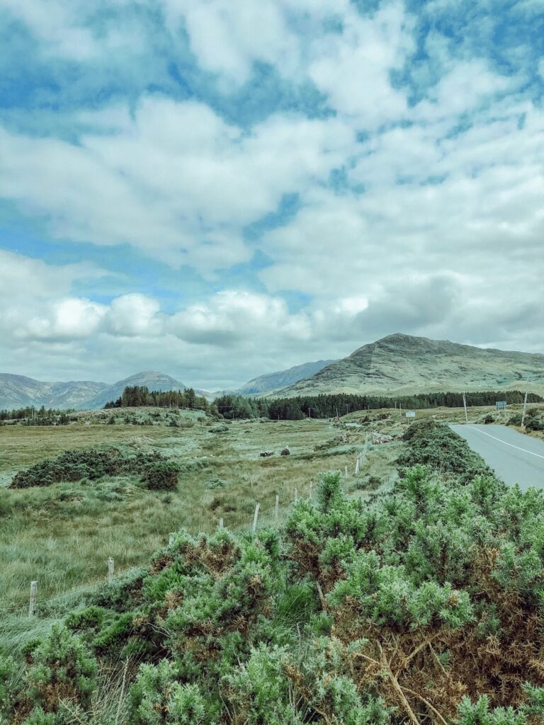 View of the Connemara landscape from a car