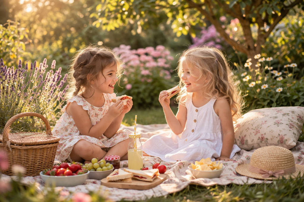 Two young girls having a sunlit picnic outdoors
