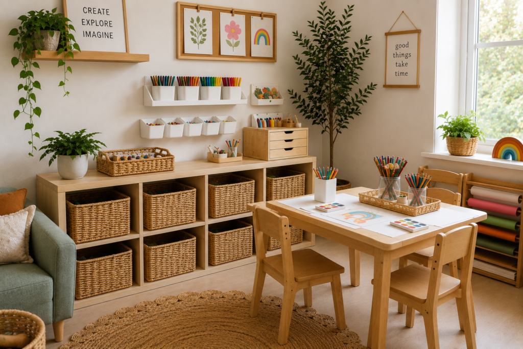 Beautiful craft area in a warm and cozy playroom