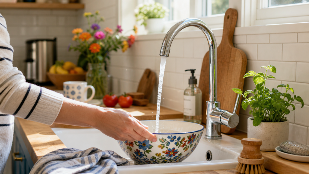 Anon person washing a bowl at a kitchen sink with a running tap