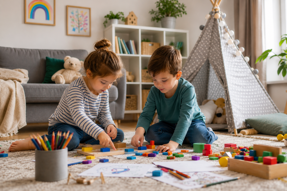 Siblings playing together indoors