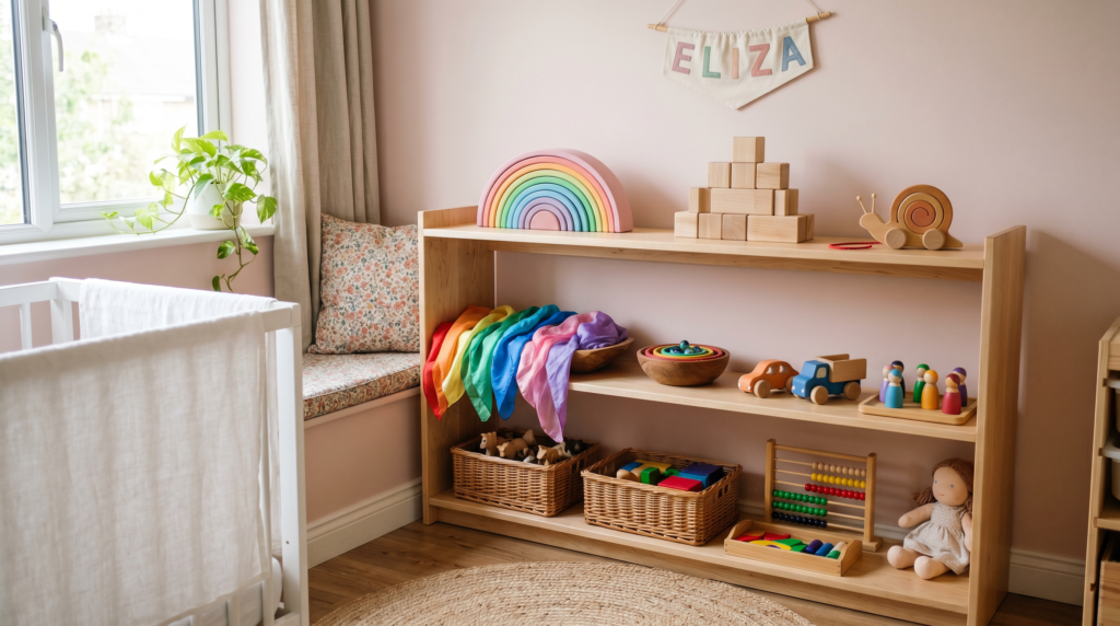 Open shelves in a little girls bedroom with beautiful wooden toys