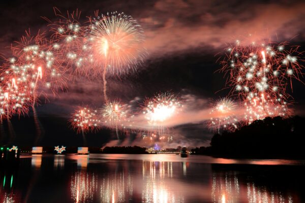 Fireworks over a lake
