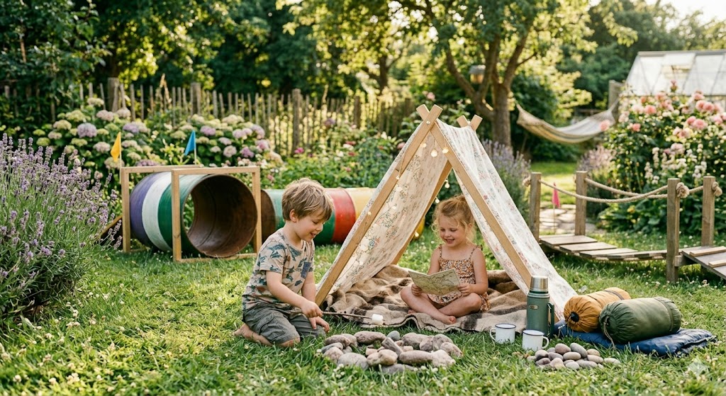 Two children outdoors at a DIY camping area in a garden